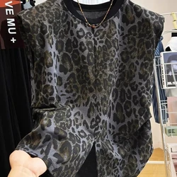 American Design Leopard Print Slit Sleeveless Round Neck Vest 2024 Summer New Style Versatile Top Trend