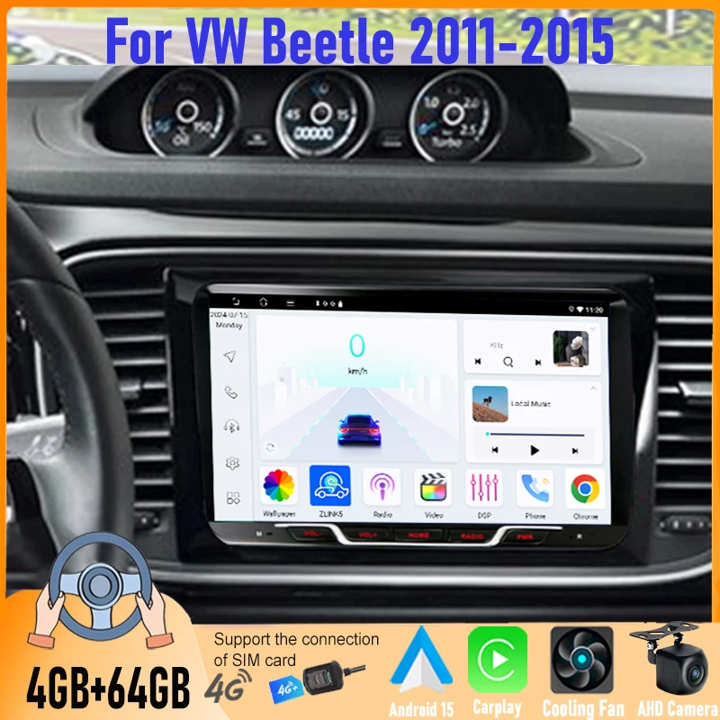 9'' 4+64GB For VW Beetle 2011-2015 Car Radio Android 15 Auto Support Wireless Apple Carplay 4G+WIFI 2DIN FM GPS Google Map