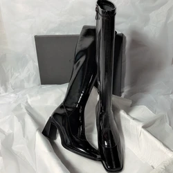 2022 7CM Women Long Boots High Quality Leather Patent Leather Ladies Zip Knight Boots Fashion High Heel Knee-high lady Boots