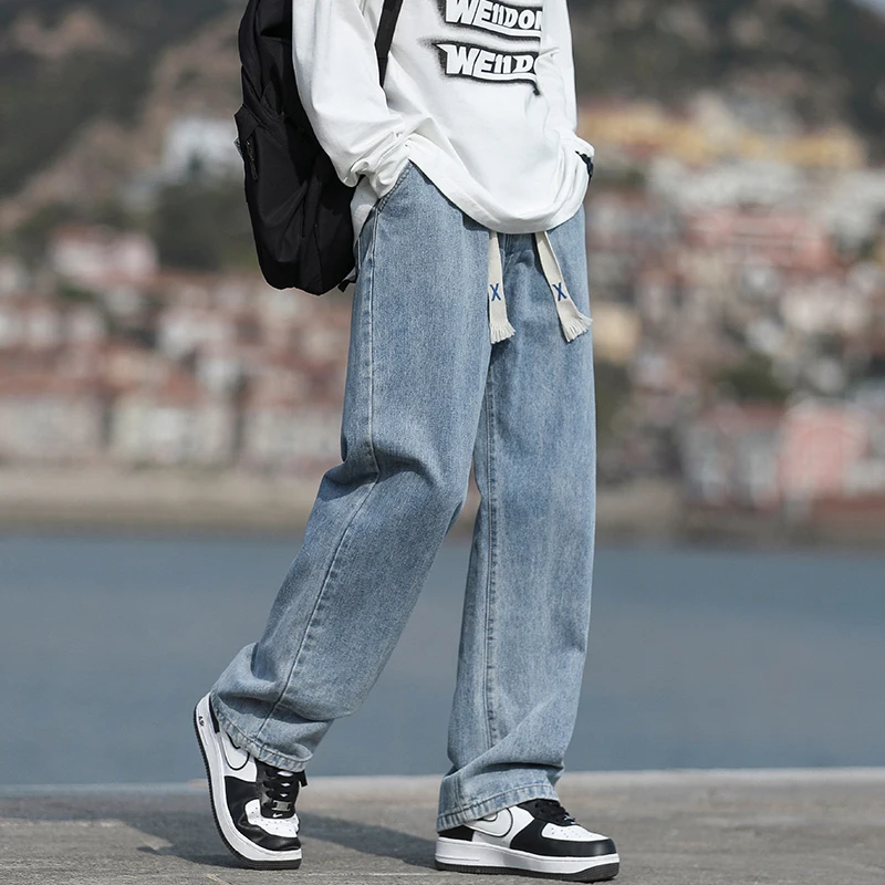 

Spring Autumn Men's Straight Leg Loose Jeans Elastic Waist Waed out Spor Cotton Denim Faionable Casual Trousers
