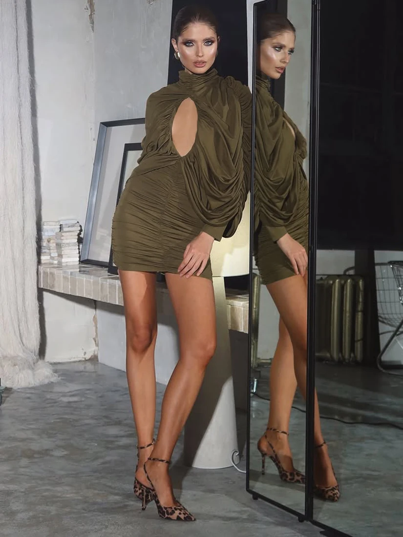 WEIRD PUSS col haut Long Sve évider plissé Dr femme coupe ajustée jupe Sli décontracté Polyester mélange Dr