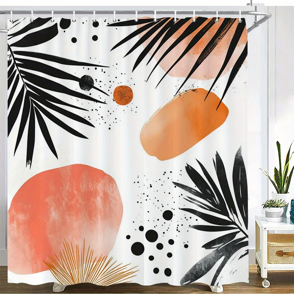 

1 шт. черная, оранжево-белая занавеска для душа с дизайном листьев, полиэфирная ткань, можно стирать в машине, подходит для украшения ванной комнаты