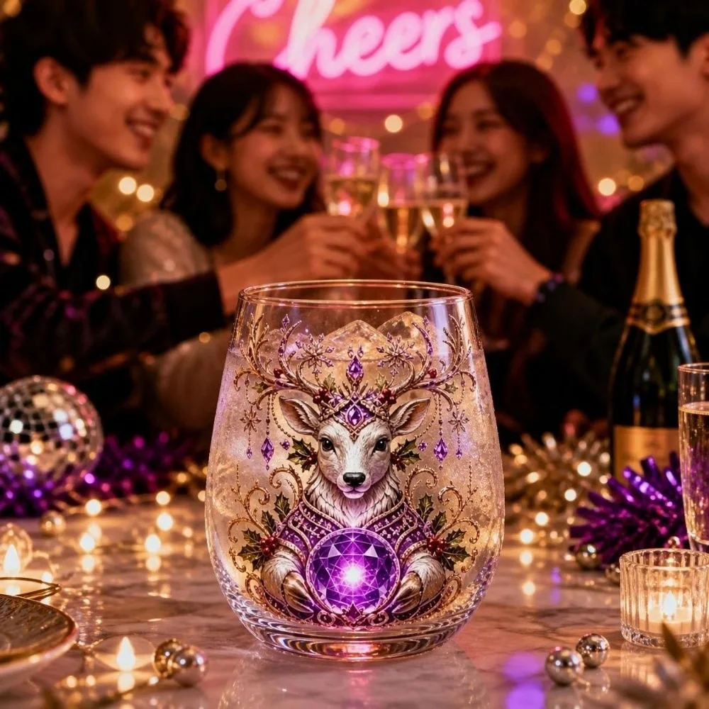 Drinkware 2D Print Christmas Wine Glass Santa Claus Reindeer Clear Stemless Glass Tree Snowman Christmas Art Cup Party