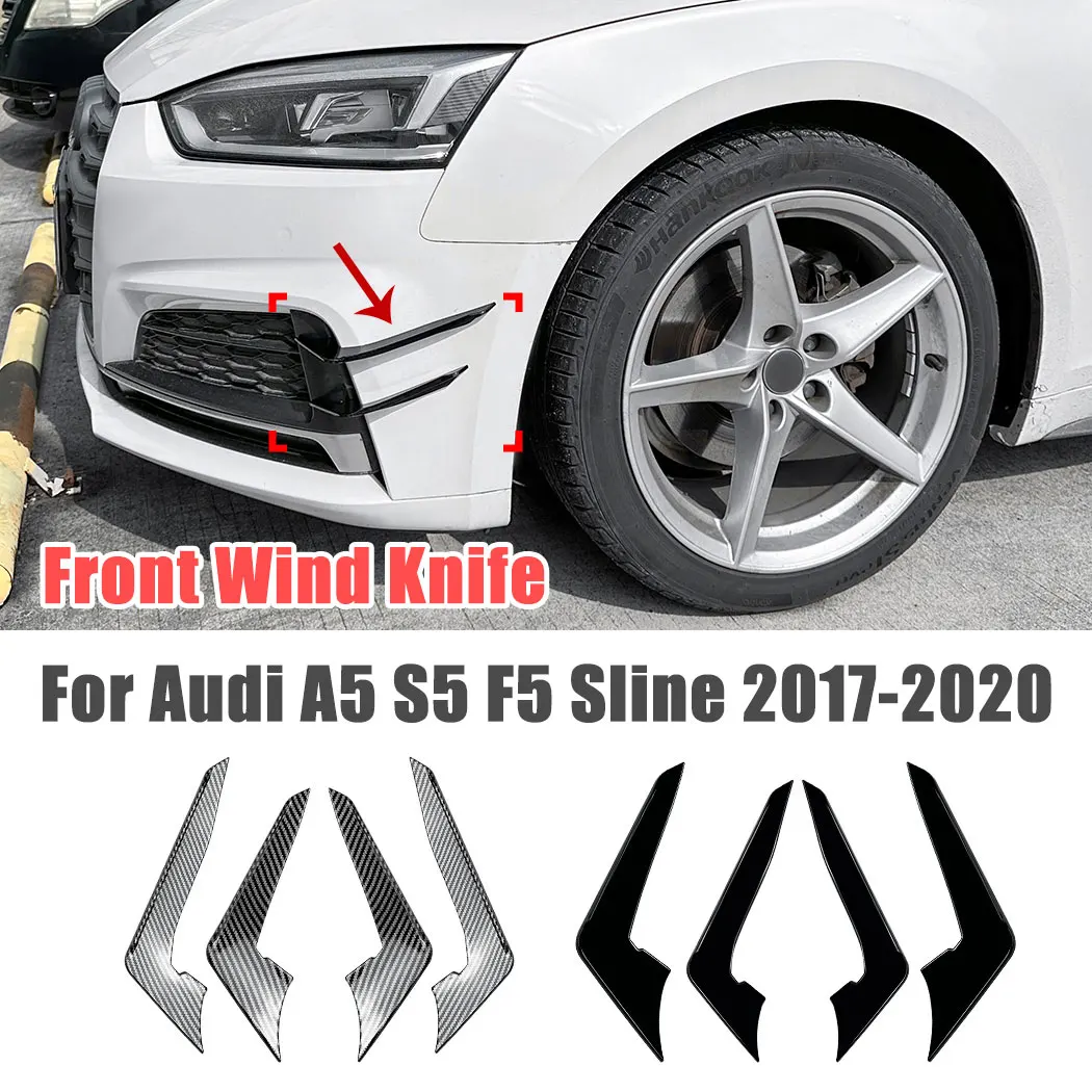 2pcs Car Front Bumper Side Wind Knife Stickers For Audi A5 S5 F5 Sline 2017-2020 Auto ABS Body Guard Decoration Trim Modified