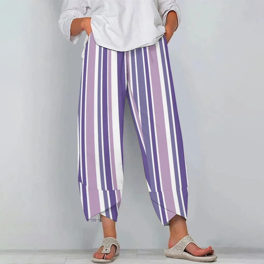 Women's Casual Straight-Leg Pants Purple Striped Graphic Print Beach Outfits High Quality Soft Fashion Versatile Bottoms Summer