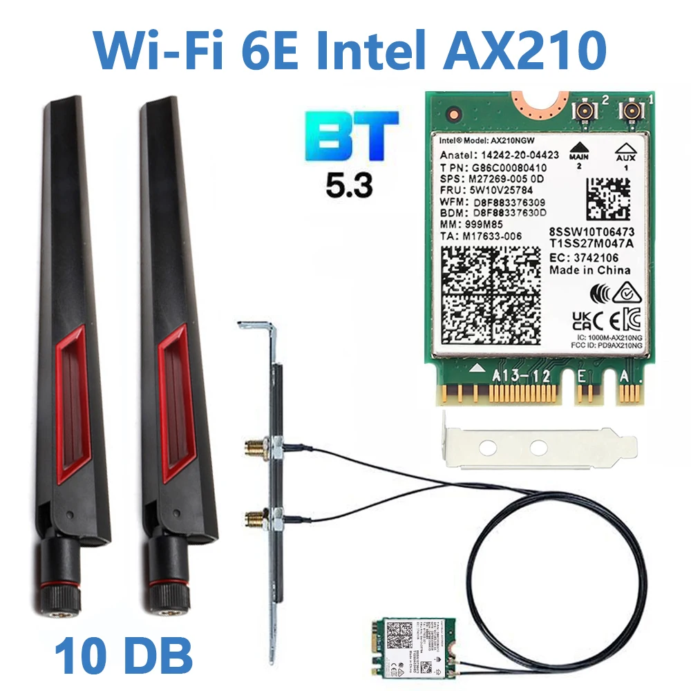 Wi-Fi 6E Intel AX210 Card Bluetooth 5.3 WiFi 6 Adapter 5374Mbps 2 In 1 Desktop Kit 10DBi Antenna 802.11ax 2.4G/5Ghz/6Ghz  For PC