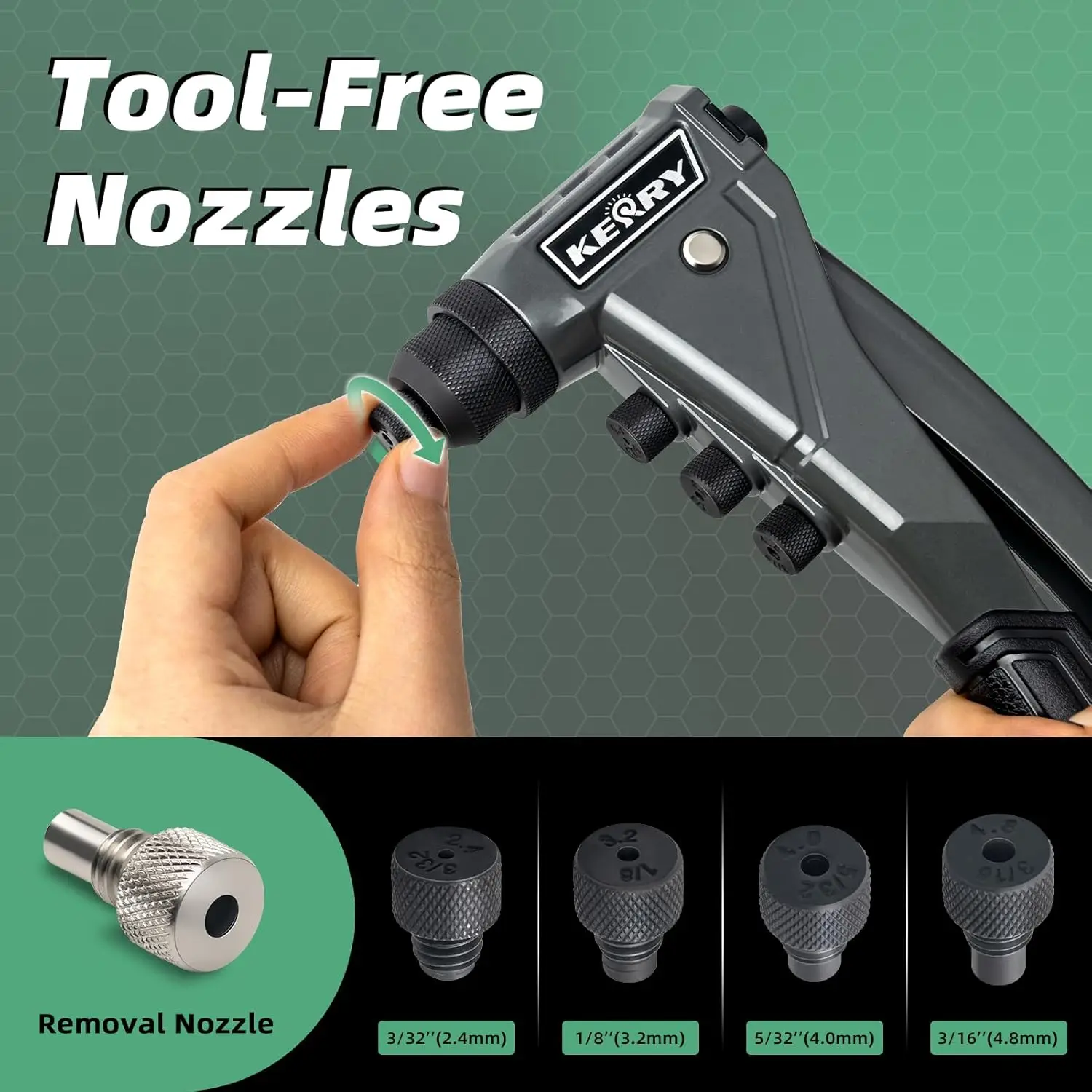 مجموعة مسدس برشام بيد واحدة، 3/32 بوصة إلى 3/16 بوصة، 4 رؤوس، 200 مسامير، مقبض ممتد