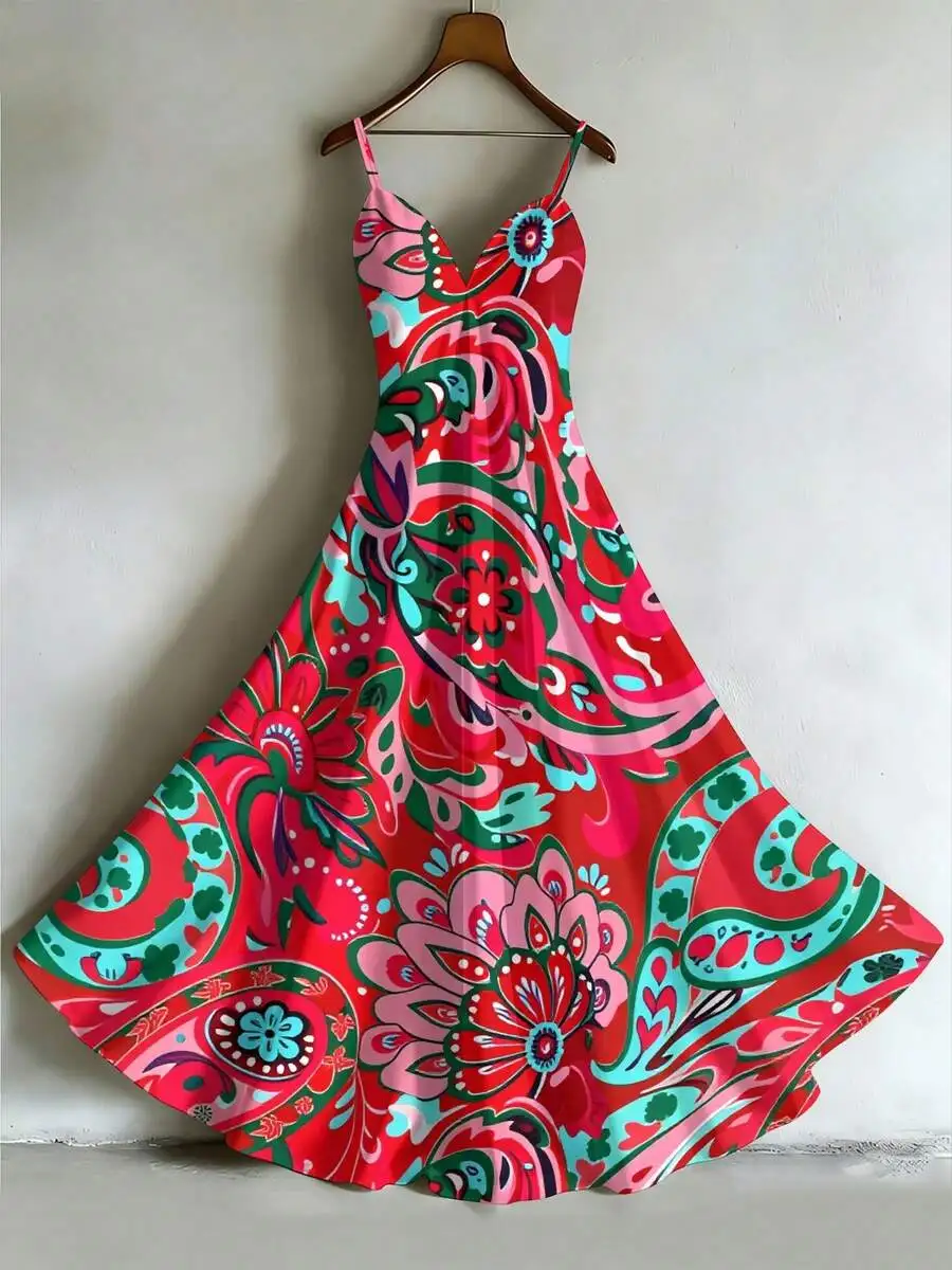 

Boho Floral Paisley Print Slip Dress Umbrella Shape Summer Beach Vacation Women
