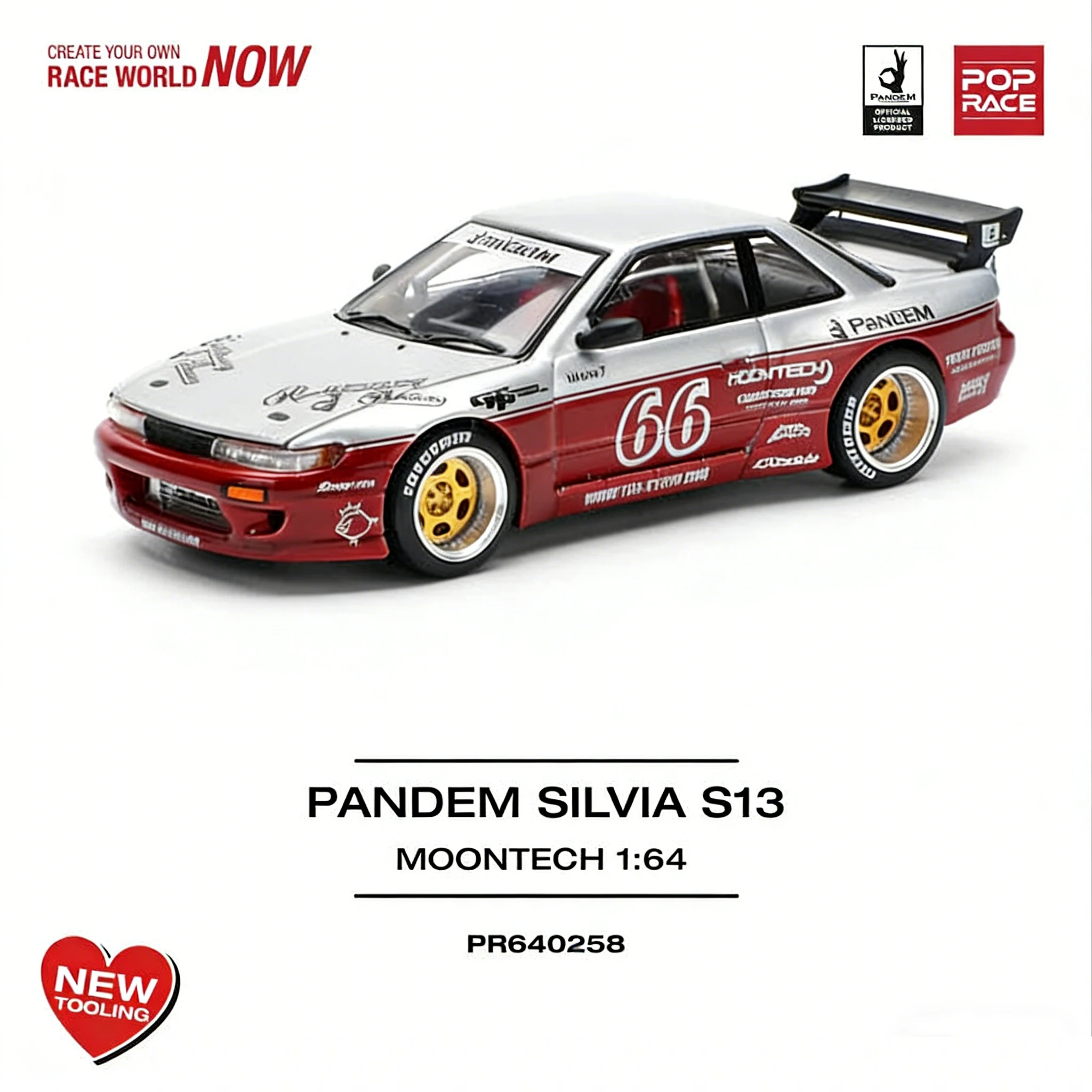 

In Stock POP RACE PR640258 Pandem 1:64 Nissan Silvia S13 Moontech #66 Drift Diecast Model Car