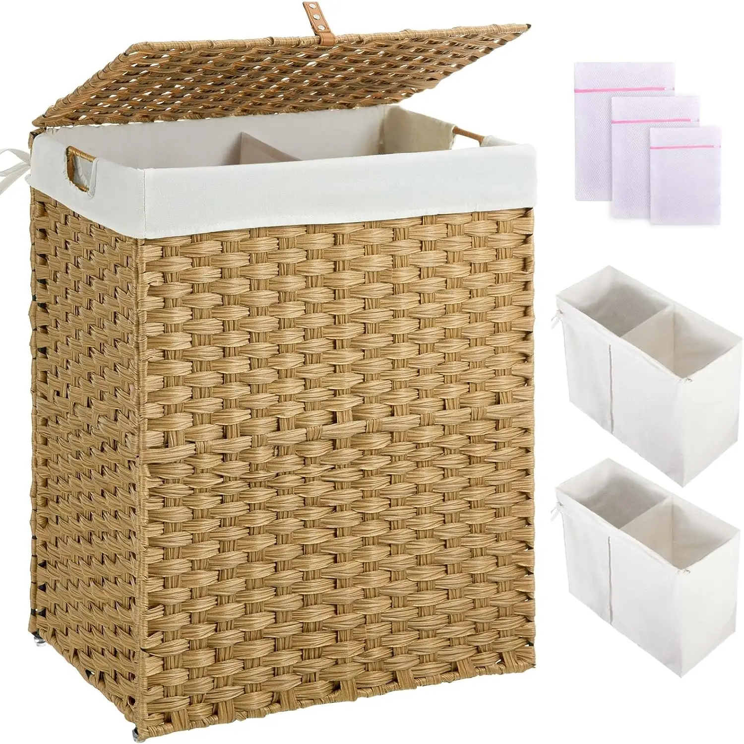 

Foldable Laundry Hamper with Lid, 110L Rattan Basket, 2 Removable Liner Bags, No Assembly Required