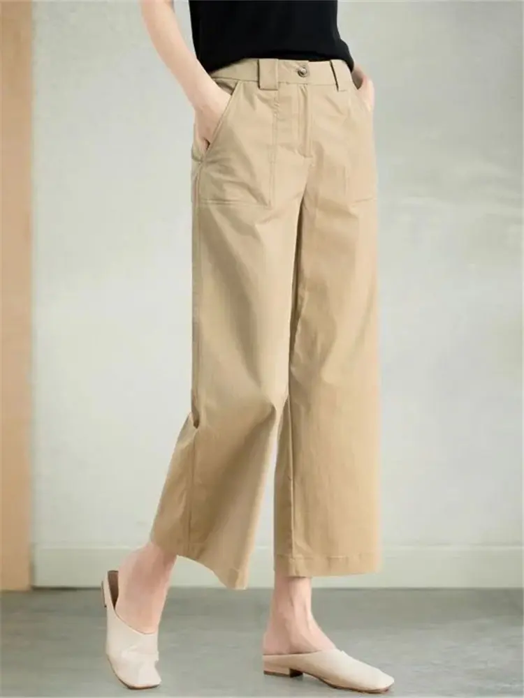 Zomer katoenen wijde pijpen broek casual hoge taille losse afslankende kleine maat rechte damesbroek trendy Koreaanse Sle
