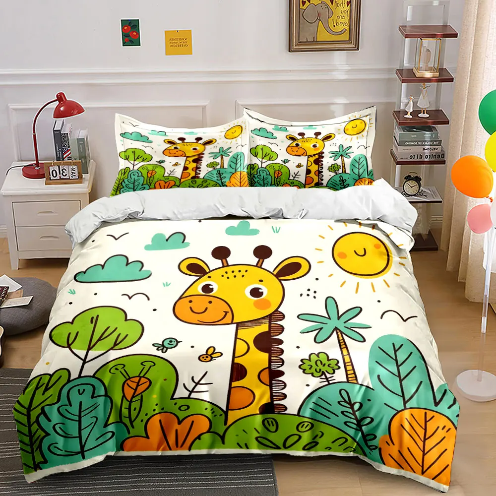 Cute giraffe in sunny forest Printed Duvet Cover Set 1 Duvet Cover+2 Pillowcase Multi Size Bedroom Bedding Decoration