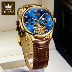 OLEVS Brand Classic Moon Phase Men Watches Automatic Mechanical Watch Men Tourbillon Clock Leather Waterproof Gold Blue Reloj