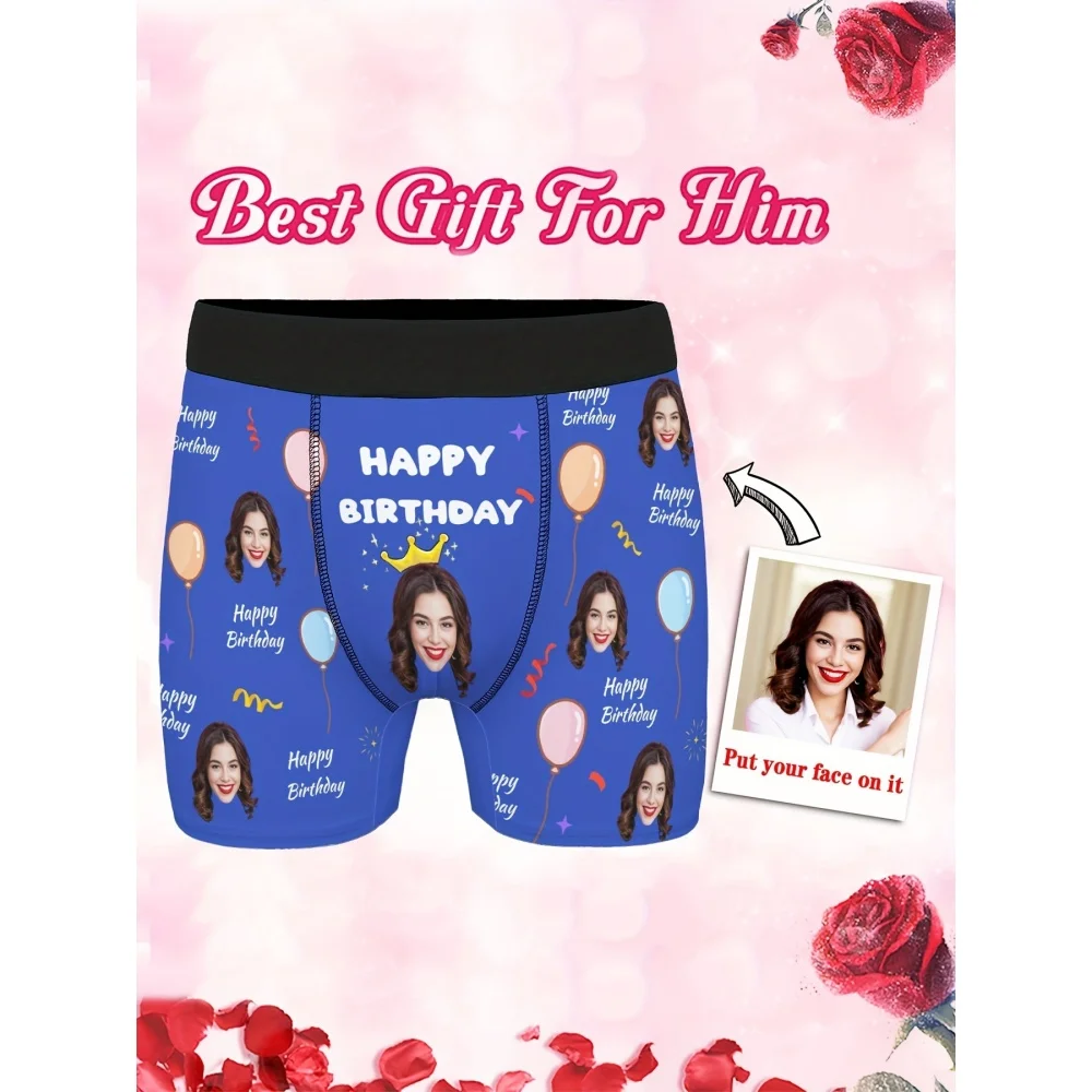 Personalized Custom Photo Men Boxer Briefs Happy Birthday Balloon Printed Underwear, Funny Birthday Surprise Gift For Husband