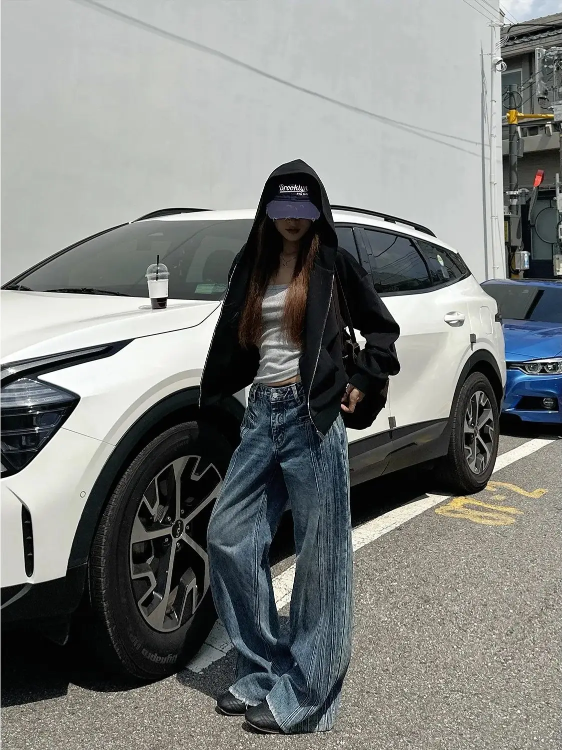 Gradient Blue Jeans for Women Y2K Vintage High Waisted Jeans Straight Streetwear Loose Large Wide Leg Denim Pants