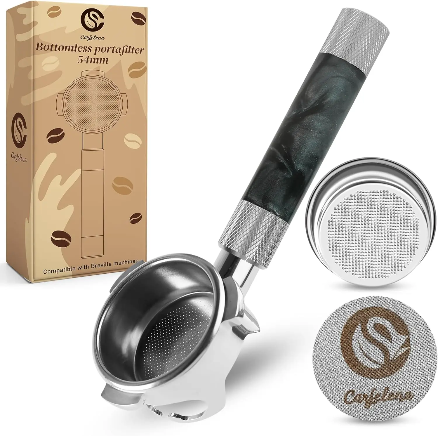 

54mm Bottomless Portafilter for Breville – Includes Puck Screen & Resin Handle