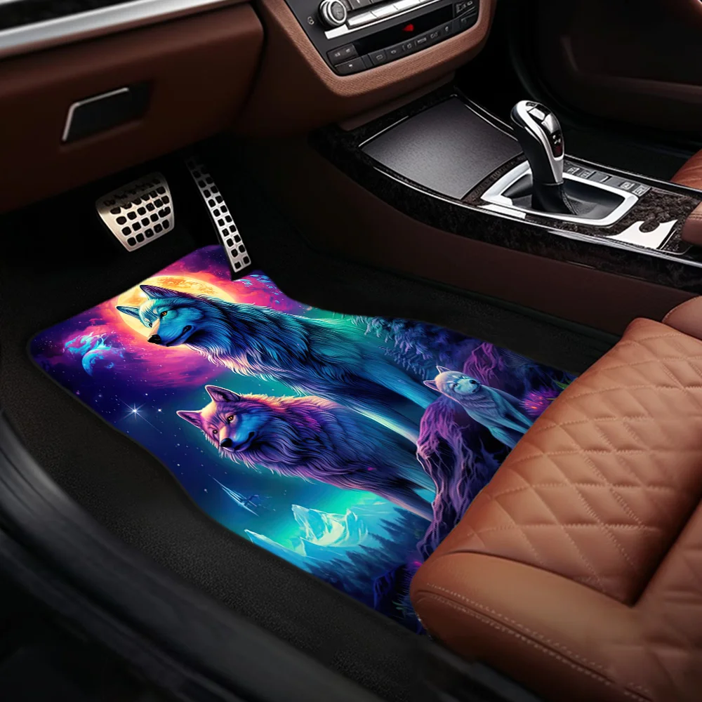 1pc/2pcs/4pcs Wolf Family Fantasy Car Foot Mats - Automotive Interior Decoration Accessories For All Vehicle Models Colorful Wol
