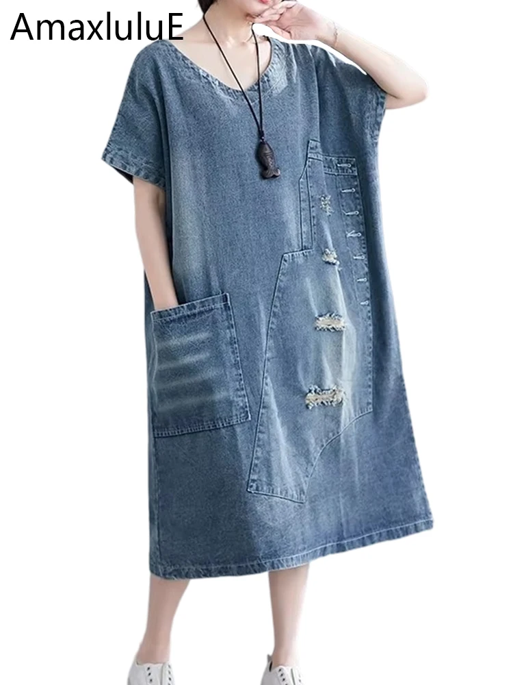 Amax luluE Letnia Koreańska Stylizacja Damska Punkowa Odzież Uliczna Długie Podarte Ubrania Damskie Jeansowe Sukienki Oversize Vintage Dziury Vestidos