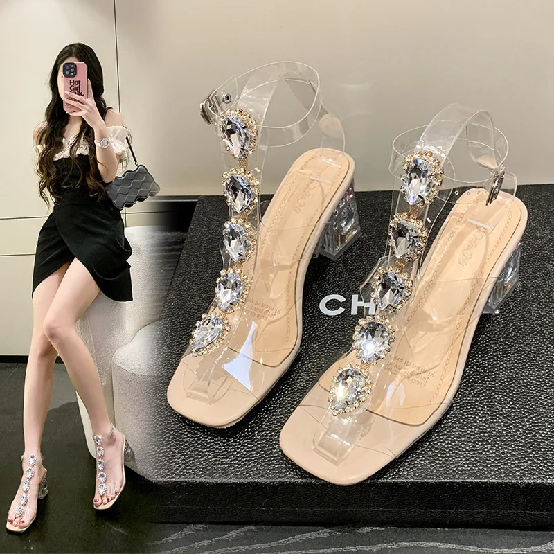Summer Rhinestone Women's Sandals Party PVC Heart-shaped Crystal Buckle Fashion Sandalias Ladies Thin Heels Drill Mujer Shoes