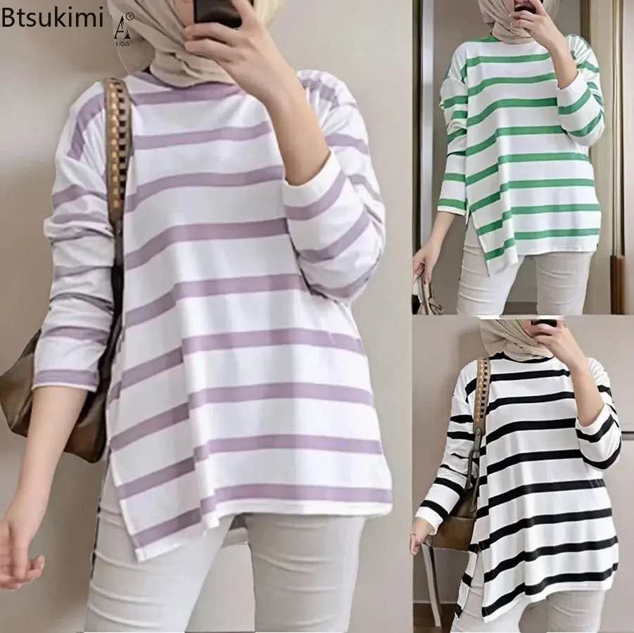 

2025 Fashion Striped Women Tops Muslim Ramadan Loose Casual Blouses Turkey Long Sleeve O-neck Tees Simple Basic Shirts for Women