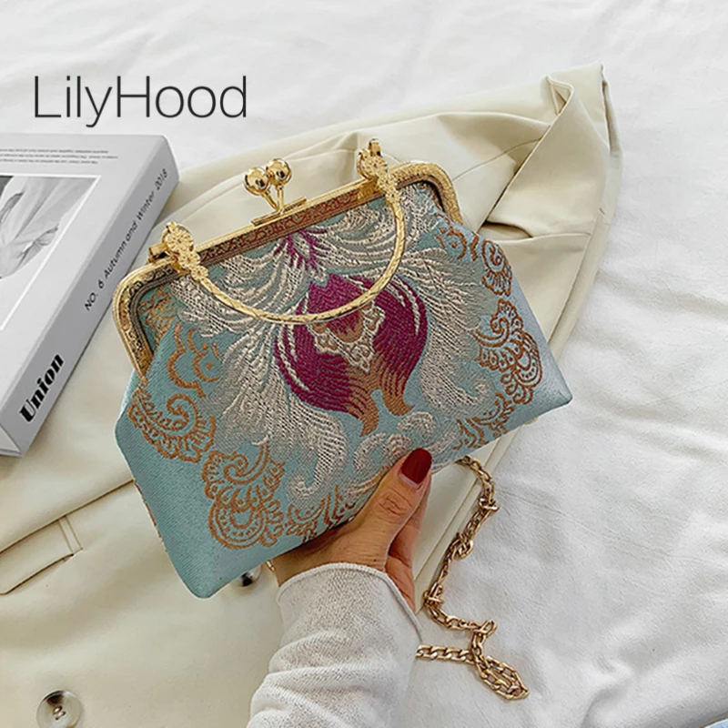 Bolso bandolera con cierre Floral de tela de diseño lujoso de estilo antiguo chino para mujer, bolso de hombro con cadena y cierre de beso Floral elegante Vintage