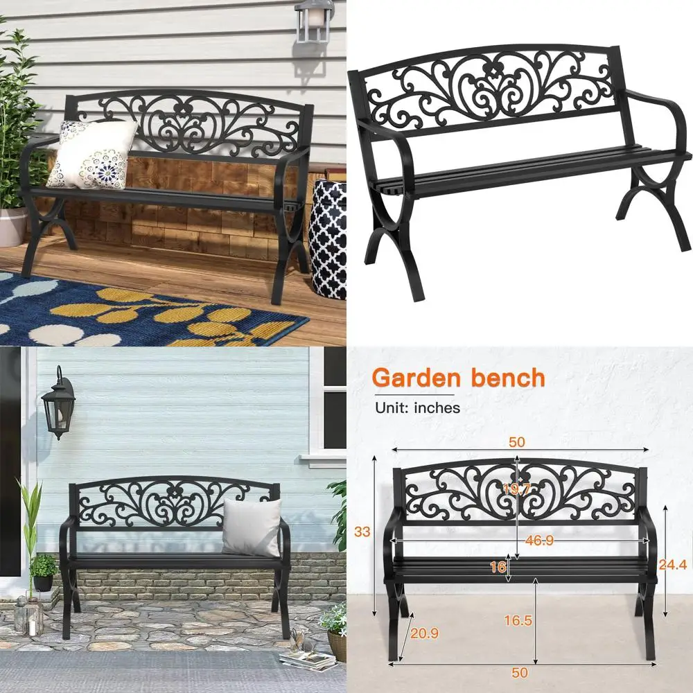 

Patio Garden Bench 50 inch Outdoor Metal Loveseat Chairs with Armrests Slatted Seat and w/loral Design Backrest or Park, Yard, P