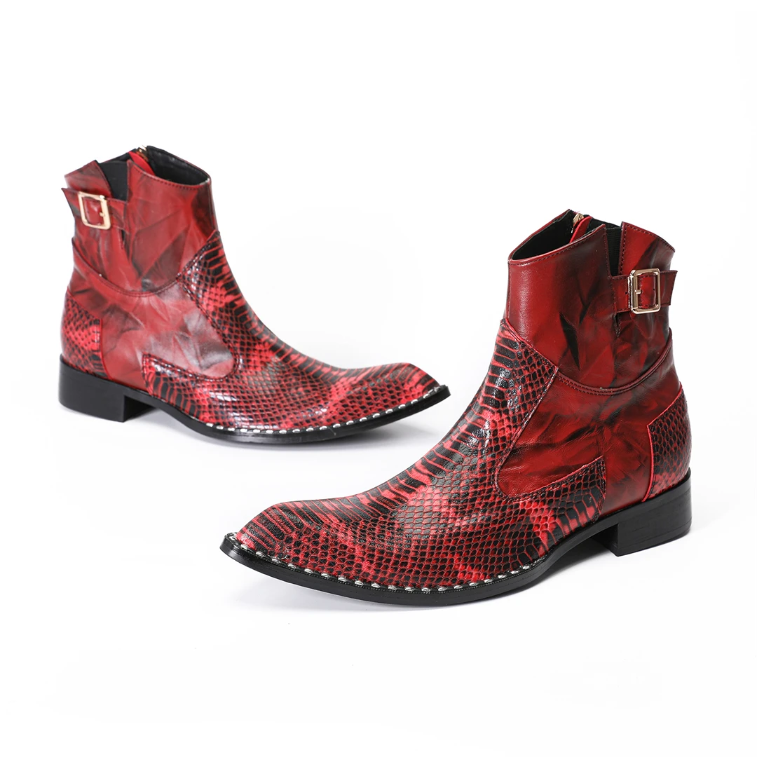 Red Snake Pattern Pointed Toe genuine Leather Ankle Boots Men Plus Size Zip Motorcycle Cowboy Short Boots Male Club Party Shoe