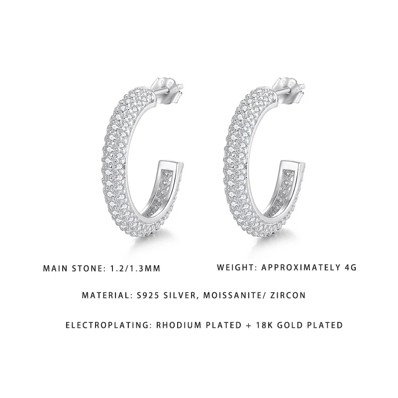 

Luxury 925 Sterling Silver 18K Gold Plated C-Hoop Earrings 1.2/1.3mm Moissanite & Zircon Rhodium Plated Statement Jewelry