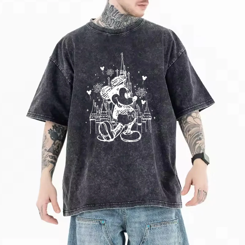 

Женская стильная футболка с принтом замка Микки Мауса, унисекс, винтажная, с эффектом потертости, парная футболка для влюбленных, повседневная уличная футболка с Микки Маусом для подростков
