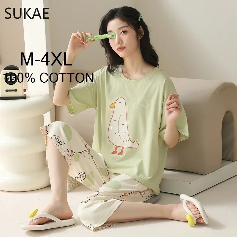 SUKAE 100% Cotton M-4XL Women Pajamas Set Summer Sleepwear Short Knee-length Pants Nightwear Capris Loungewear Cartoon Pijama