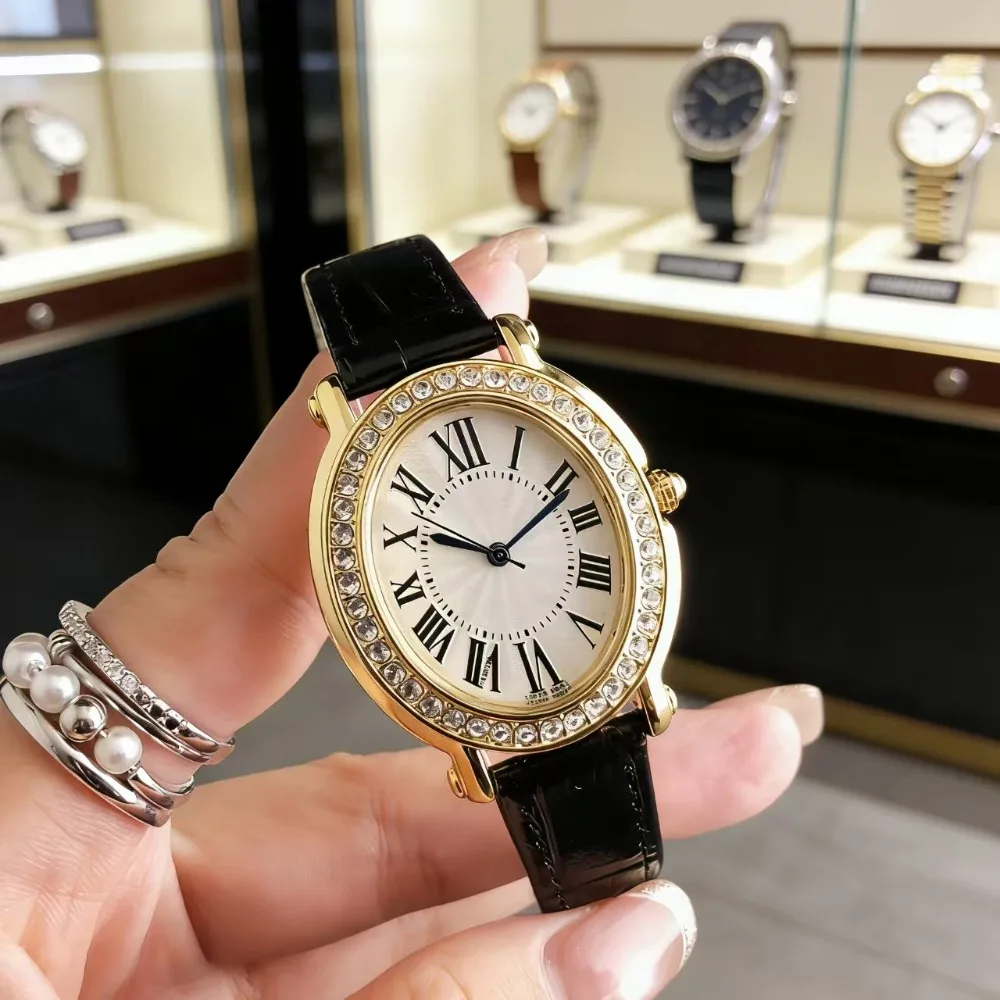 

Elegant Gold Tone Women Watch Diamond Bezel Roman Numeral Dial Black Leather Strap
