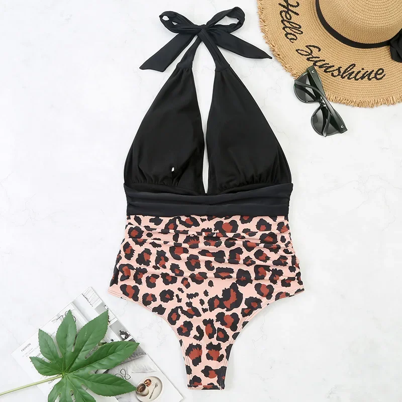 ฤดูร้อนลึก V คอ Halter Waterside ผู้หญิง Beachwear ชุดว่ายน้ําสตรี 2025 One Piece เซ็กซี่เสือดาวบิกินี่ Ropa