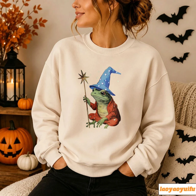 Cute Retro Wizard Toad Frog Sweatshirt Magic Wand Witchy Graphic Pullover Women Autumn Halloween Cozy Vintage Streetwear Top