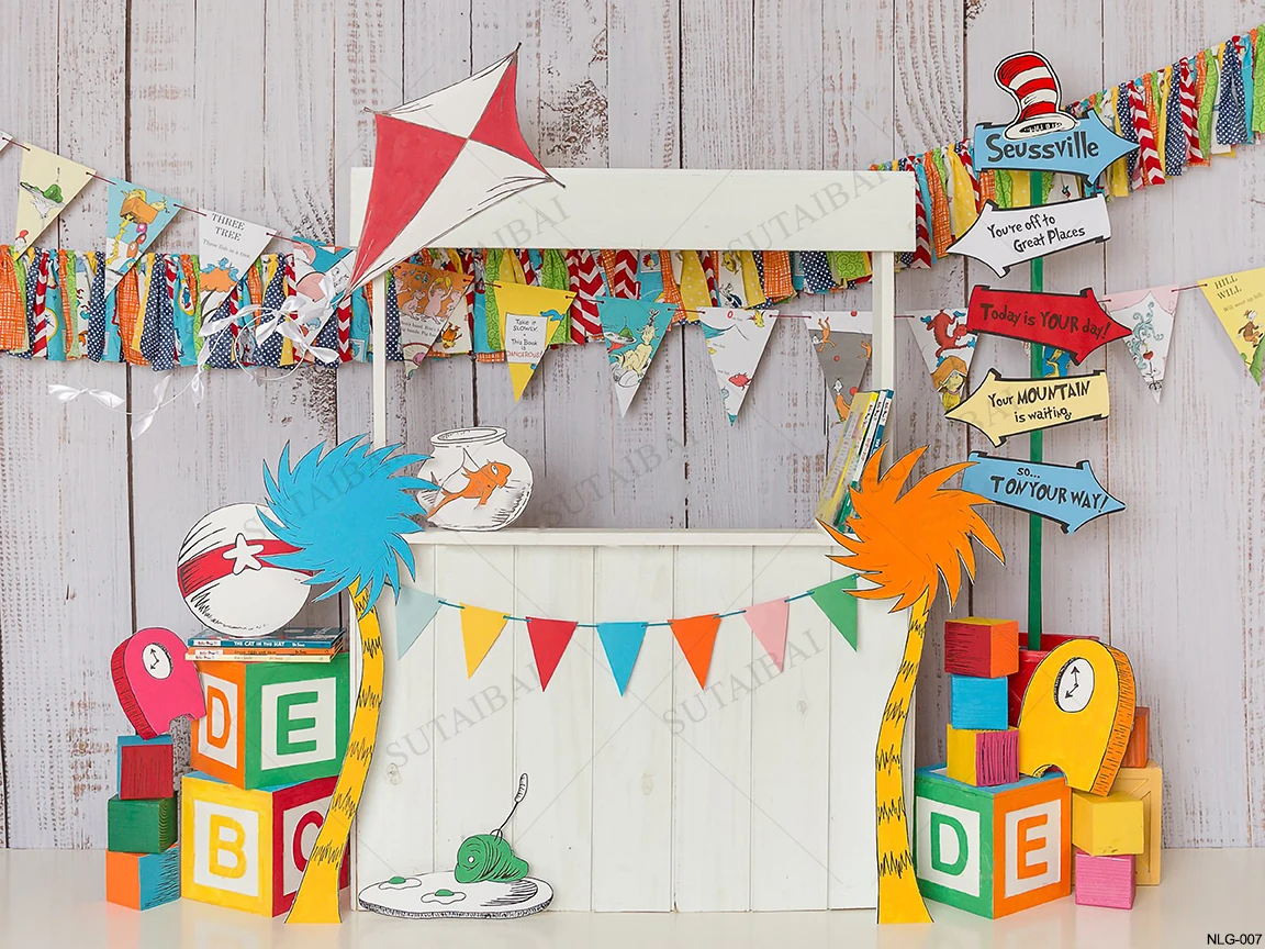 Shop Window Wood Board Theme Backgroud Hang Coloured Ribbon Flags Kite Deco Suppile Newborn Baby Cake Smash Child Portrait Photo