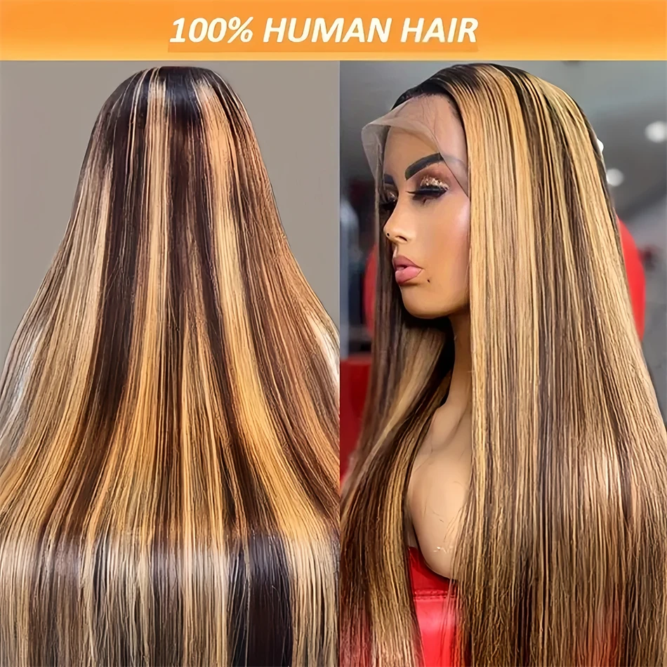 Peluca de cabello humano liso para mujer, postizo de encaje Frontal Hd 13x6, 13x4, color P4/27