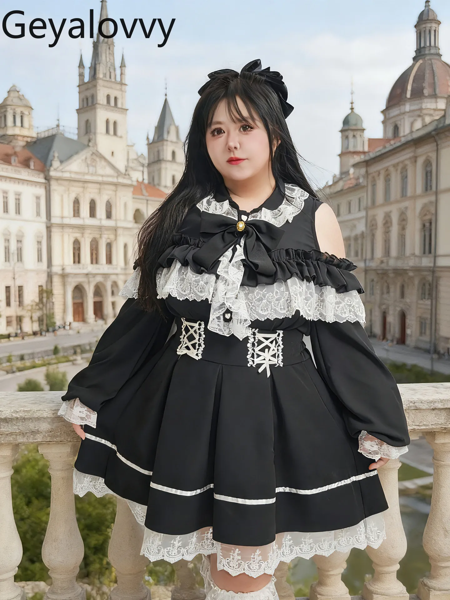 Oversize Landmine Style Sweet Lace Trim Tops Off-Shoulder Hollow Long Sleeve Shirt High Waist Tie Lightweight Short Skirt