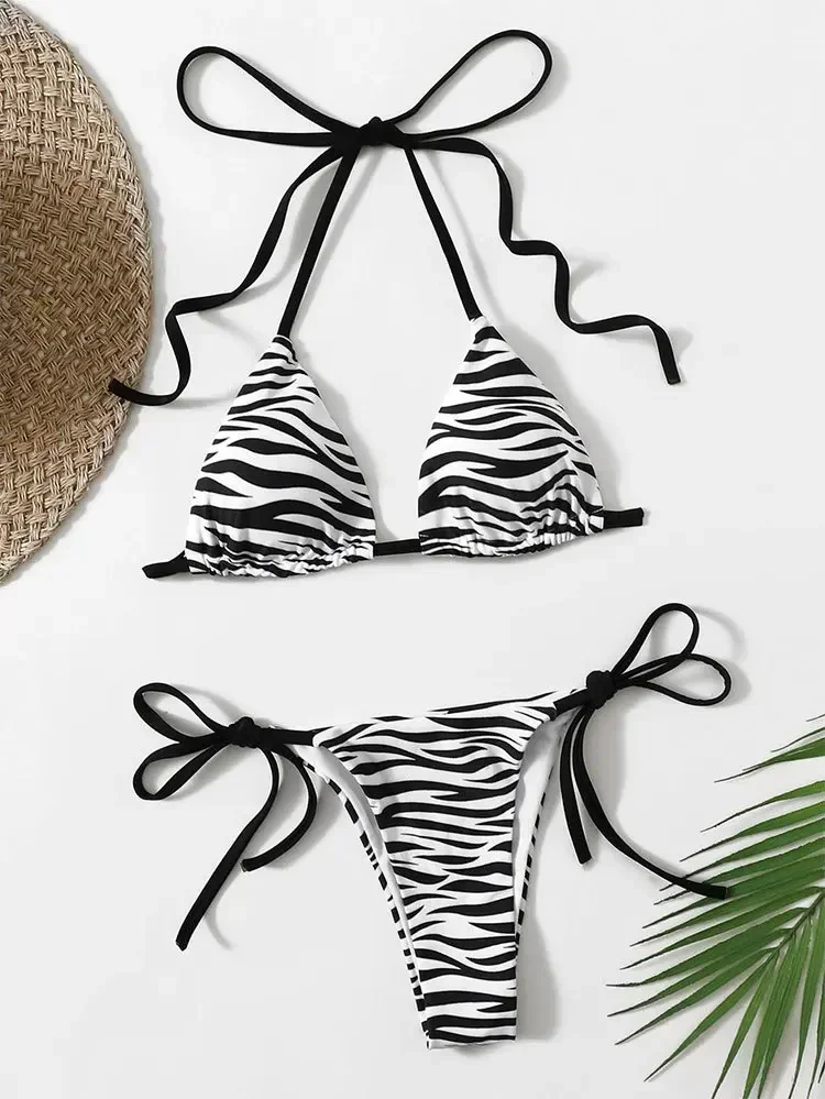 

Sexy Zebra Striped Micro Bikinis Set for Women Halter Swimwear Mini Thong Swimsuit String Lace-up Bathing Suit Bikini 2024 Mujer