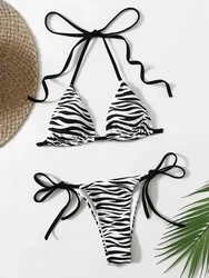 Conjunto de micro biquíni listrado zebra para mulheres, sexy halter swimwear, mini tanga maiô, maiô com cordões, biquíni de corda, 2021