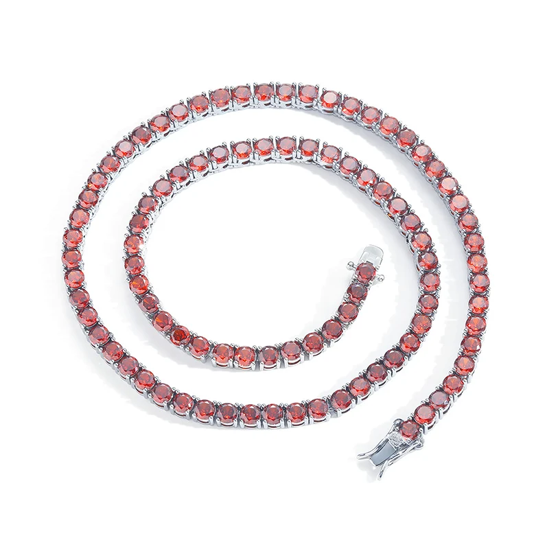 Hip Hop Bing Iced Out 1 Row Red CZ Stone Tennis Link Chain Chokers Necklaces for Men Women Unisex Jewelry