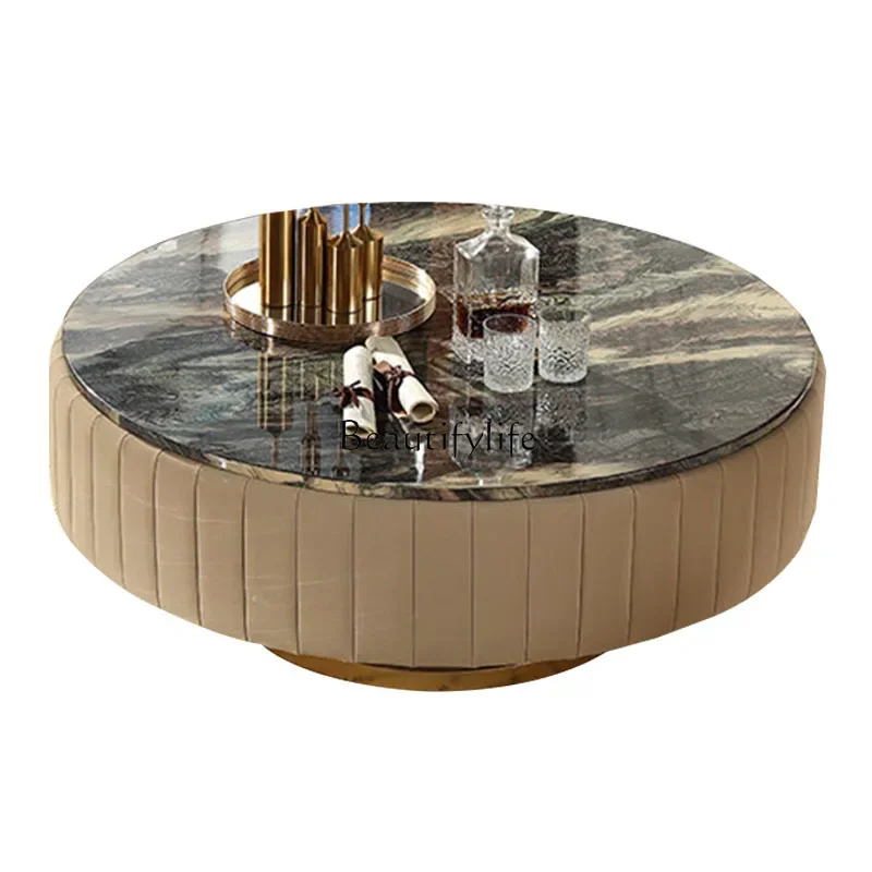 Khaki Italian light luxury gold-plated marble coffee table high-end round table