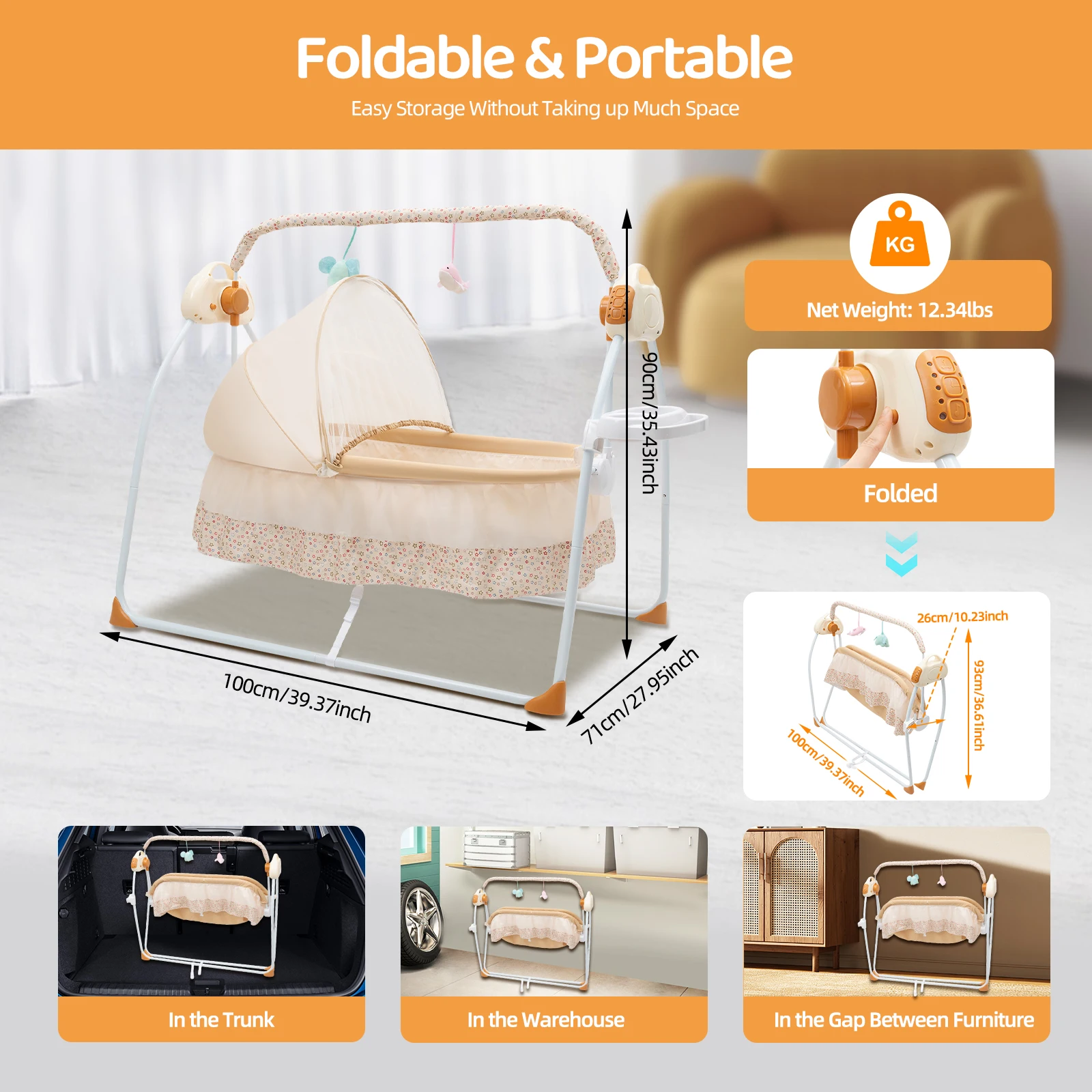 Electric Baby Crib Cradle, 0-18 MonthsInfant Bed Auto Swing with Remote Control&Music,25KG/55LBS Capacity,Foldable Baby Bassinet