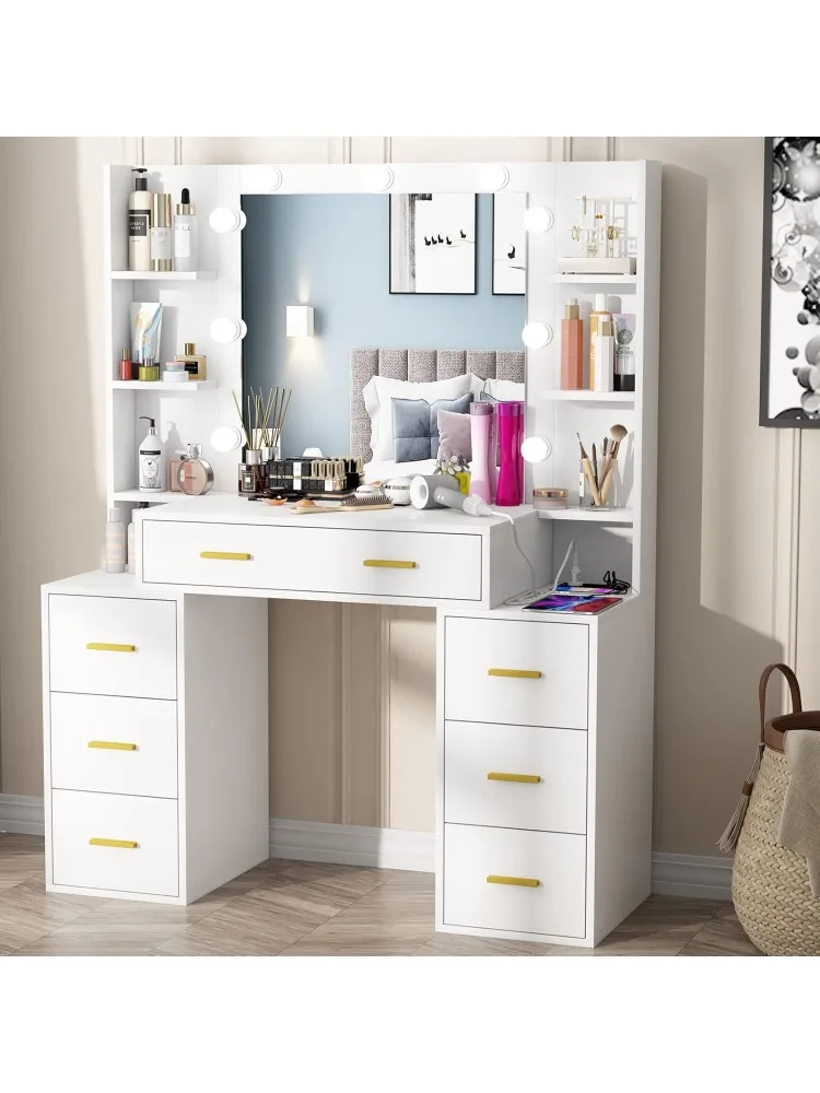 Vanity Set with Lighted Mirror, 43'' Makeup Vanity with Charging Station, Vanity Desk with 9PCS LED Bulb, Storage Shelv