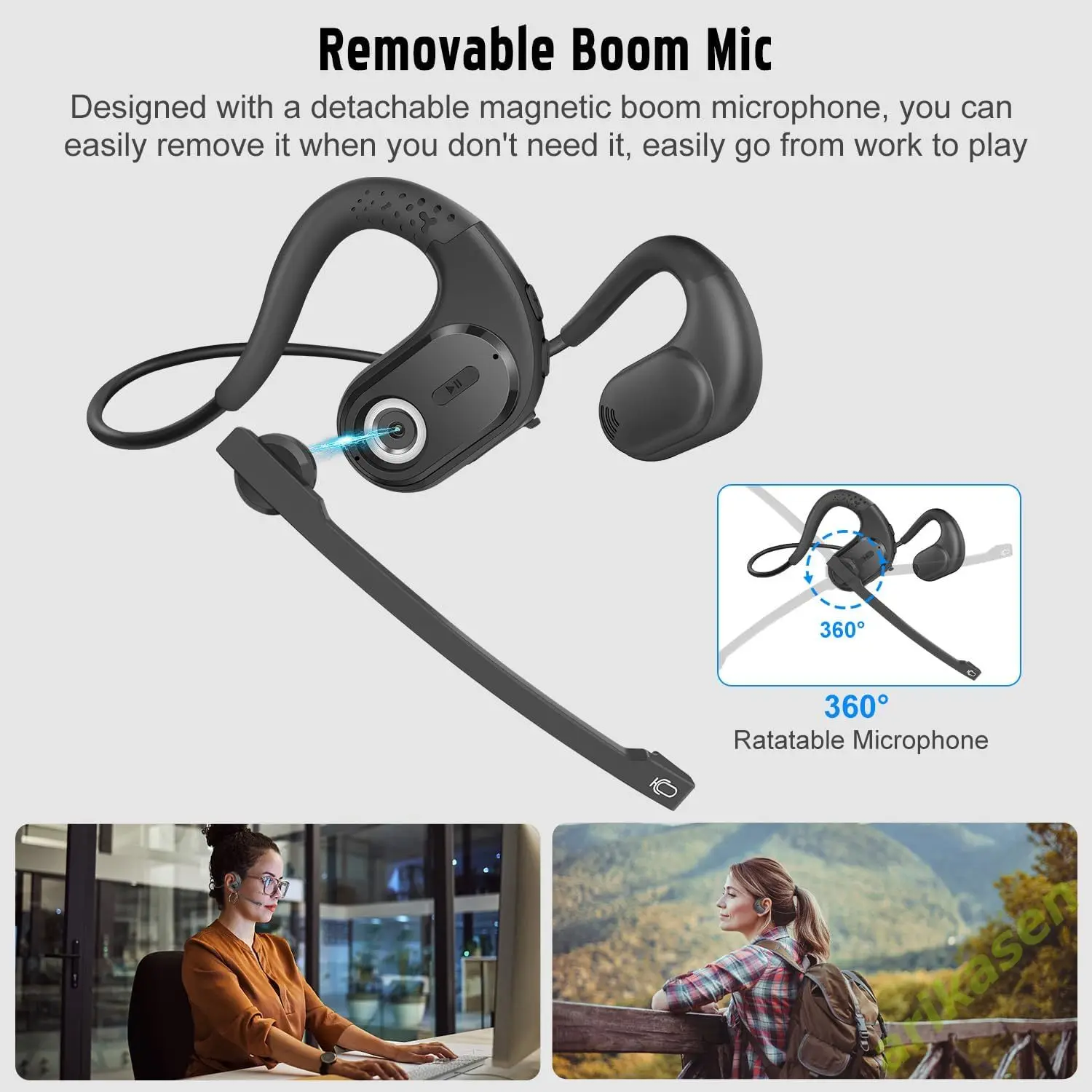 Bluetooth 5.3 Headset with Detachable Microphone DSP Noise Cancelling Open Ear Comfort Wireless Headset 12H for Phone PC Laptop