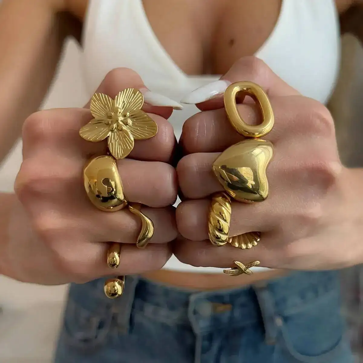 

Ingemark Luxury Gold Color Stainless Steel Open Rings for Women Bohemian Flower Heart-shaped Starfish Adjustable Knuckle Ring