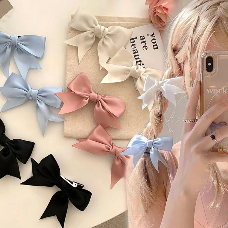 2Pcs Elegant Satin Bow Hair Clips For JK Girls Kawii Barrettes Cute Ribbon Bowknot Woman Hairpins Hairgrip Hair Accessoires