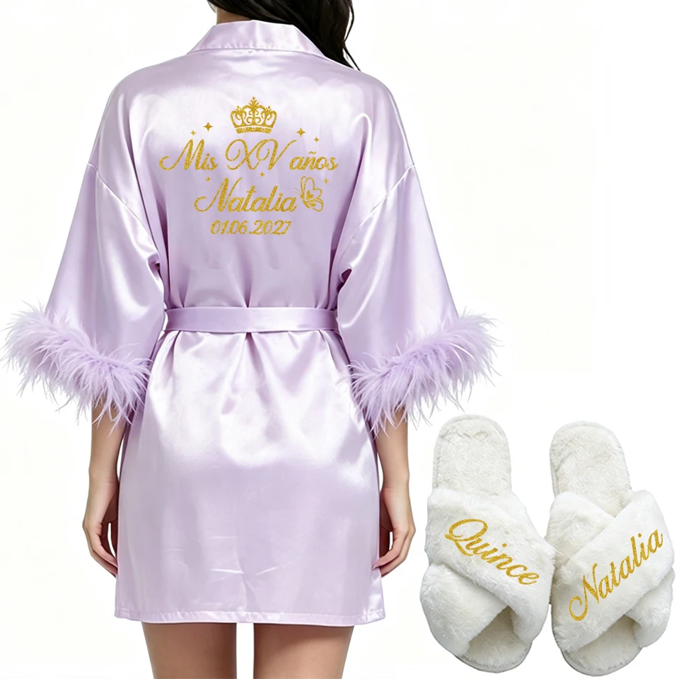 Personalized Name and Date Feather Robe Bride Bridesmaid Bathrobe Birthday Party Gown Add Any Text Robes