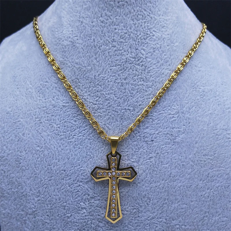 Christian Cross Crucifix Pendant Necklace Gold Color Stainless Steel Catholic Men Chain  Jewelry corrente masculina N4930S02