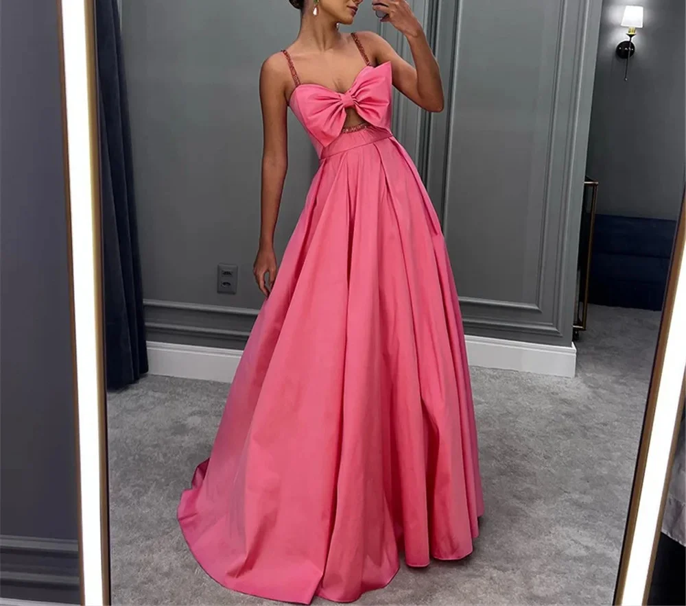 Sexy long satin pink bow dress A-line Italian strap evening gown formal party dance dress customization