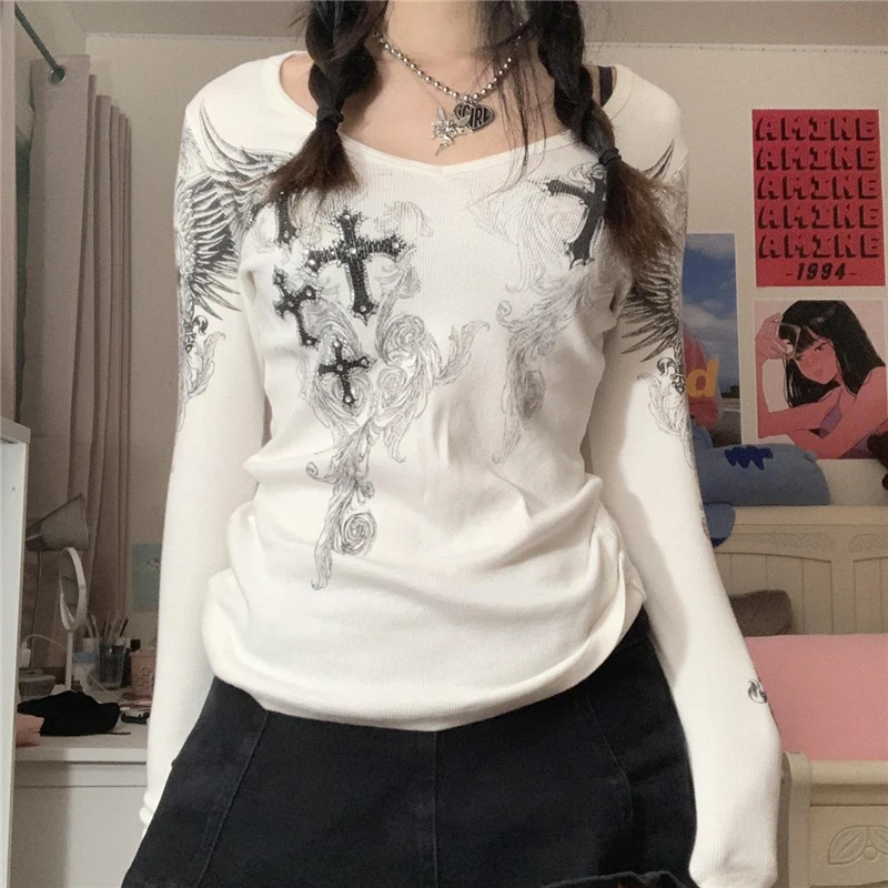 y2k Aesthetic Graphic Crop Top Cross Wings Print Long Sleeve TShirt  Women 2000s vintage Clothes Fairycore Grunge Tee Streetwear