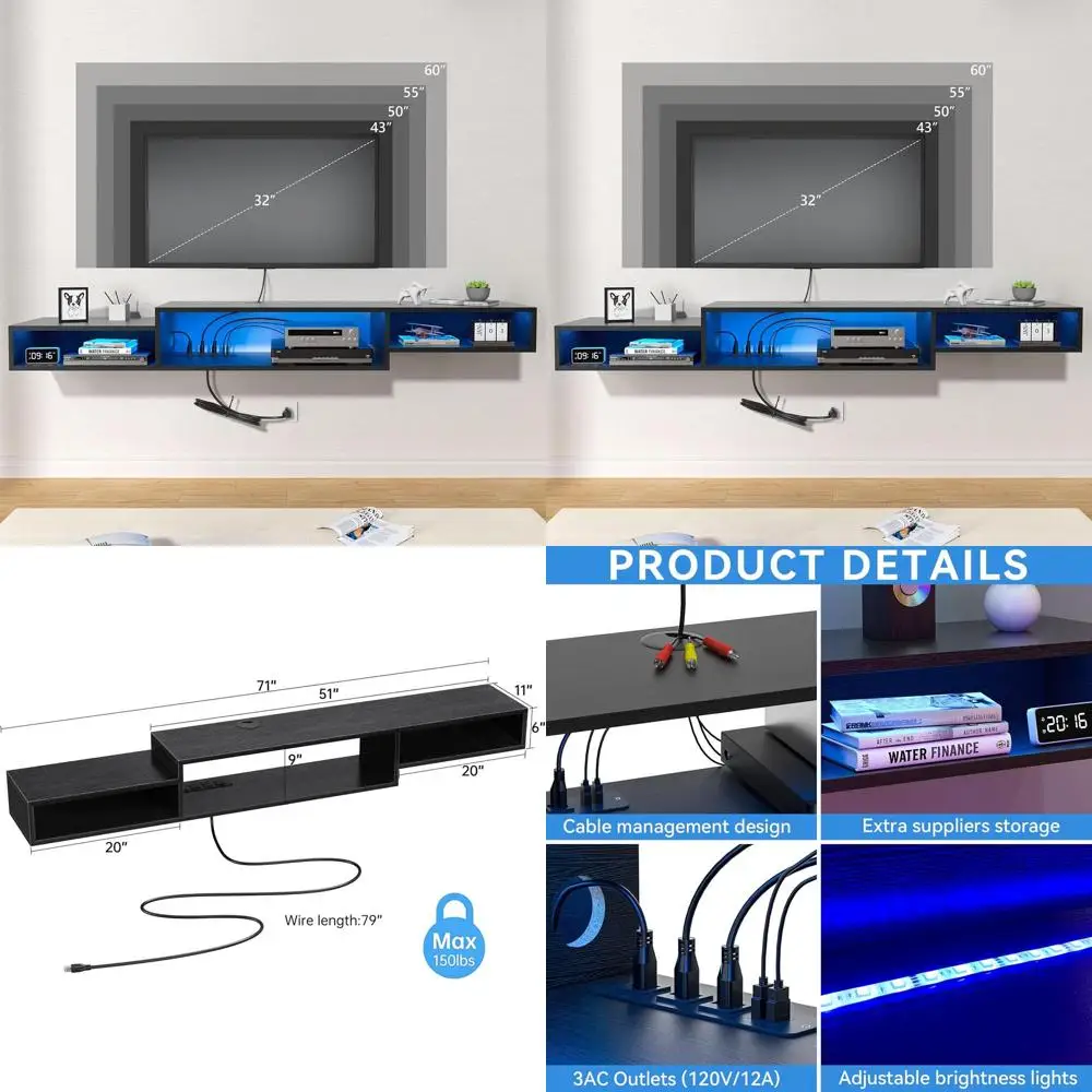 71 Floating TV Stand with LED Light, Power Outlet, Shelves, and Wall Mount Option for Media and Living Room, Black